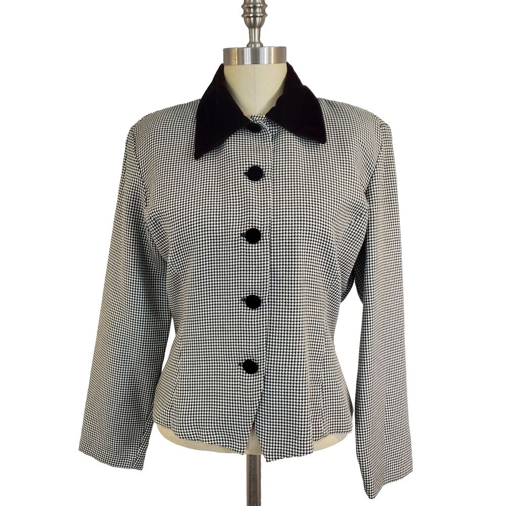 Vtg 90s Houndstooth Blazer Jacket L Velvet Collar Dark Academia Vampy Goth